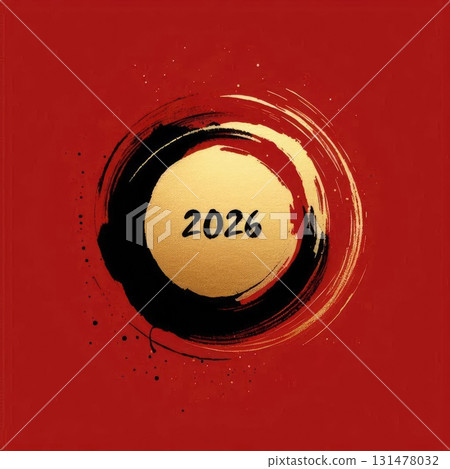 2026 New Year Gold Circle Brush Stroke on Red Background with Ink Splatter with Generative AI. 131478032