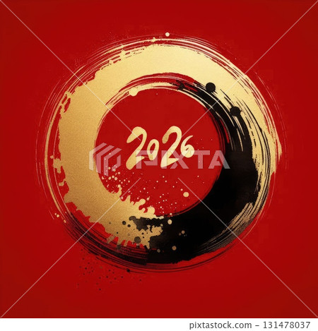 2026 New Year Gold Circle Brush Stroke on Red Background with Ink Splatter with Generative AI. 2026 New Year Gold Circle Brush Stroke on Red Background with Ink Splatter with Generative AI. 131478037
