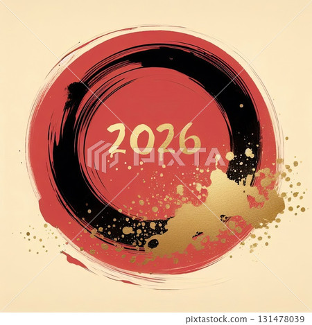 2026 New Year Gold Circle Brush Stroke on Red Background with Ink Splatter with Generative AI. 131478039