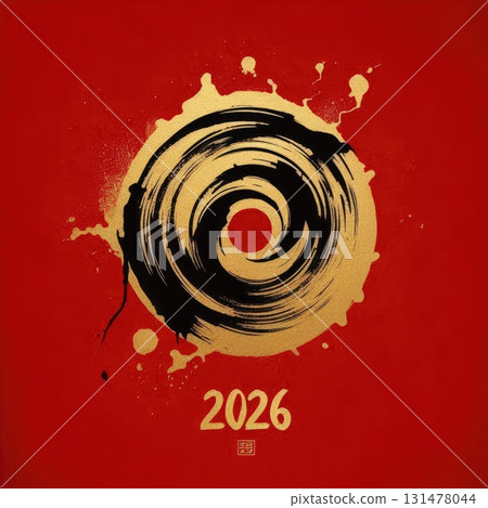 2026 New Year Gold Circle Brush Stroke on Red Background with Ink Splatter with Generative AI. 2026 New Year Gold Circle Brush Stroke on Red Background with Ink Splatter with Generative AI. 131478044