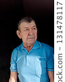 Portrait of elderly man on black background. Thoughtful look of old senior. Close-up of wrinkled face, copy space. High quality photo 131478117