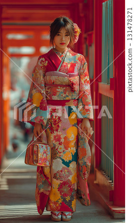 A gorgeous woman wearing a red furisode 131478271