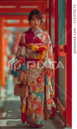 A gorgeous woman wearing a red furisode 131478272