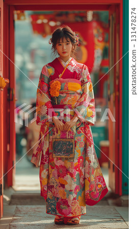 A gorgeous woman wearing a red furisode 131478274