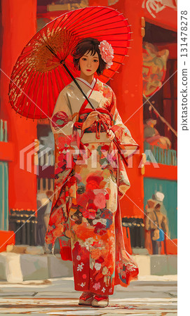 A woman in a furisode kimono holding a Japanese umbrella 131478278