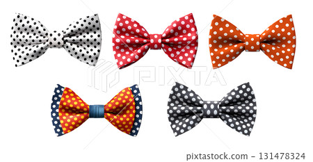 Bow ties bow ties of polka dots dotted pattern. Many assorted different range of colours isolated on transparent background cutout. PNG file. Mockup template for artwork graphic 131478324