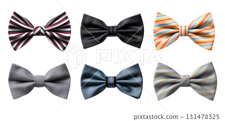 Bow ties bow ties of stripe pattern. Many assorted different range of colours isolated on transparent background cutout. PNG file. Mockup template 131478325