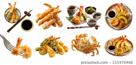 Set of tempura, Traditional Japanese crispy batter deep-fried seafood vegetable, on fork chopsticks basket plate, platter bento, many variety, transparent cutout PNG. Mockup template 131478406