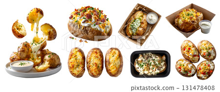 Set of jacket baked skinned potato potatoes, filled with cheese butter cream topping garnish, sliced halved broken, takeaway paper plastic box, transparent cutout PNG. Many different style. Mockup Set of jacket baked skinned potato potatoes, filled with cheese butter cream topping garnish, sliced halved broken, takeaway paper plastic box, transparent cutout PNG. Many different style. Mockup 131478408