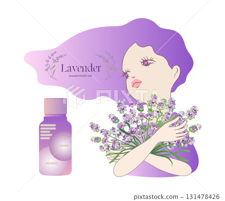 Illustration of lavender flowers held in both hands and essential oil ingredient list Illustration of lavender flowers held in both hands and essential oil ingredient list 131478426