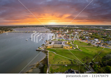 St. Augustine, Florida at sunset. Old city landscape with historical fort Castillo de San Marcos, National Monument open to public. Travel destination for tourists on vacation in Florida St. Augustine, Florida at sunset. Old city landscape with historical fort Castillo de San Marcos, National Monument open to public. Travel destination for tourists on vacation in Florida 131478479