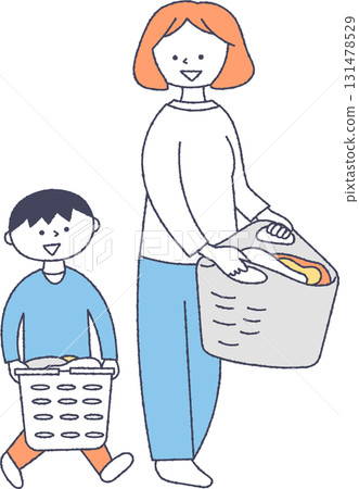 Parent and child carrying laundry 131478529