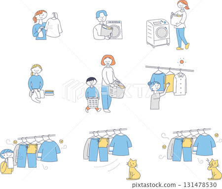 Illustration set of people doing laundry 131478530