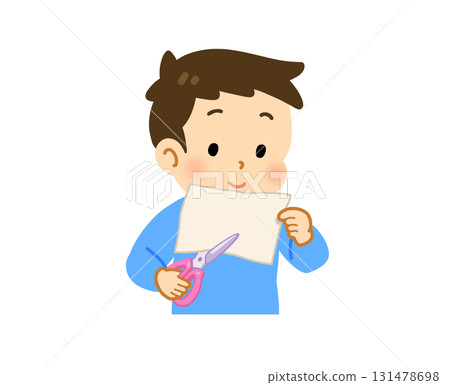 Illustration of a child cutting paper with scissors Illustration of a child cutting paper with scissors 131478698