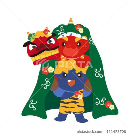 新年賀卡材料，以紅藍惡魔舞獅為特色 131478708