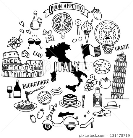 與義大利相關的簡單可愛的插圖集（單色） 131478719
