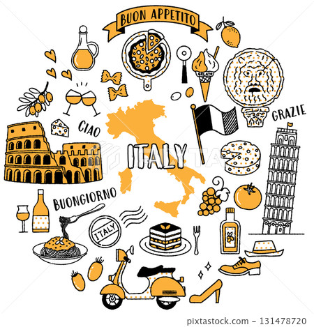 Simple and cute illustration set related to Italy (black and yellow) 131478720
