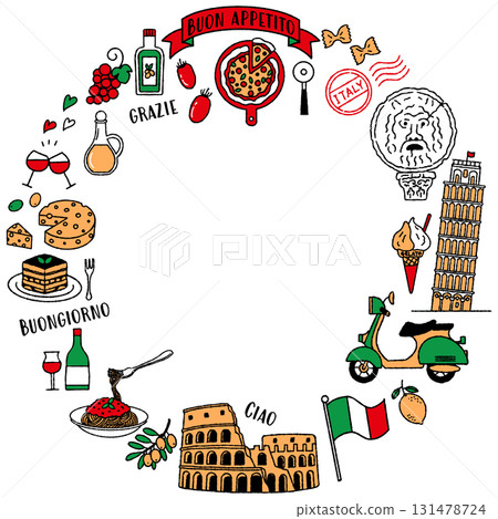 簡單可愛的義大利插畫框架(義大利三色旗) 簡單可愛的義大利插畫框架(義大利三色旗) 131478724