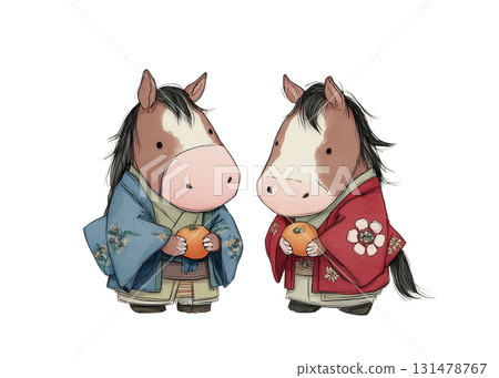 New Year's card material: A horse couple wearing kimonos. Hand-drawn illustration. New Year's card material: A horse couple wearing kimonos. Hand-drawn illustration. 131478767