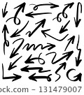 Collection of hand drawn arrow doodles in various styles, black ink sketch, isolated on white background. 131479007
