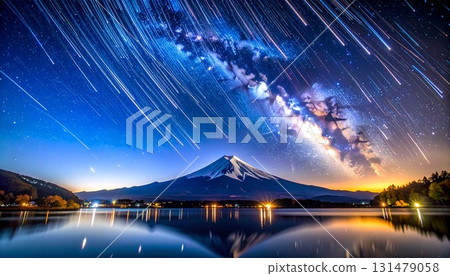 星空的 CG 插圖，包括流星和流星雨、富士山、銀河和星跡 131479058