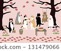 Seven cats eating roasted sweet potatoes 131479066
