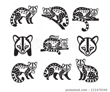 Stylized black and white vector set of Genets (viverrids) in various poses, featuring distinct spot and mask patterns. Wild Animals. 131479340