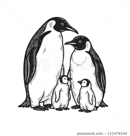 Heartwarming black and white depiction of an Emperor penguin family with two adults and two small chicks. Vector illustration. 131479344