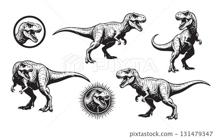 Powerful set of Tyrannosaurus Rex dinosaurs in aggressive poses, featuring profile and circular badge designs. Animals. 131479347