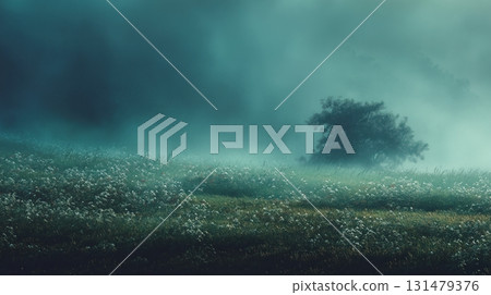 晨霧籠罩下的草地和一棵樹的 3D 插圖 131479376