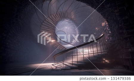 3D concept of a huge spiral library and spiral staircase 131479386
