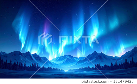 A fantastical landscape of magnificent aurora and snowy mountains 131479423