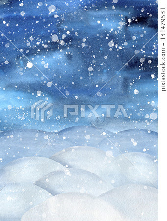 Winter landscape template. Deserted snowdrift, night sky, snowfall, snowflake watercolor art frame. Snowy scenery background, Christmas greeting card, packaging, decoration, stationery, children book Winter landscape template. Deserted snowdrift, night sky, snowfall, snowflake watercolor art frame. Snowy scenery background, Christmas greeting card, packaging, decoration, stationery, children book 131479531