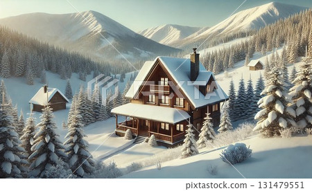 雪山景緻中的冬季小屋 雪山景緻中的冬季小屋 131479551