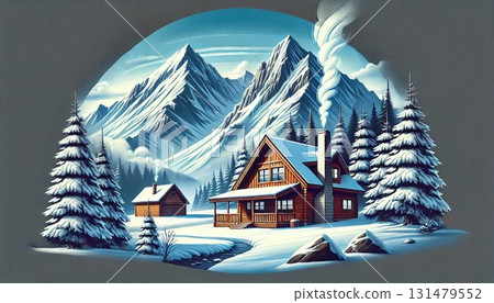 雪山小屋，煙囪煙繚繞，松樹成蔭 131479552