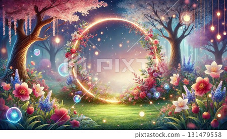 神奇的夢幻花園，有開花的樹木和圓形框架 131479558