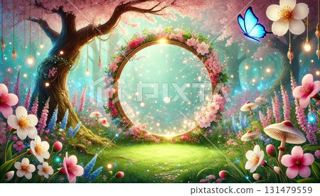 Magical spring garden with blooming cherry blossoms and copy space 131479559