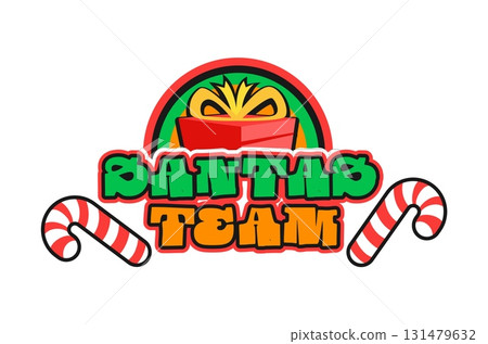 Christmas Santa s team Y2K funky sticker or patch. Winter holiday festive funky patch, Christmas groovy Y2K vector sticker. Xmas celebration label with gift box, candy cane and colorful typography 131479632