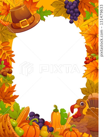 Happy Thanksgiving Day banner with frame of autumn leaves for fall holiday, vector poster. Funny turkey with pumpkin or corn harvest and cornucopia in maple and oak leaf frame for Thanksgiving holiday 131479633