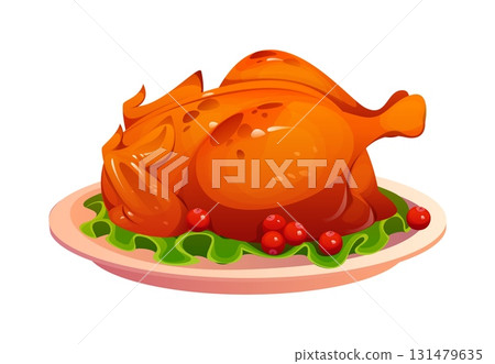 Happy Thanksgiving Day autumn holiday food icon of turkey dish, cartoon vector. Baked turkey symbol of autumn harvest and fall season for Thanksgiving holiday celebration dinner and traditional food 131479635
