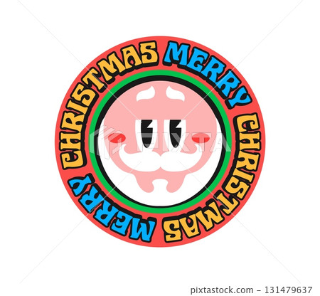 Merry Christmas celebration Y2K groovy sticker or label. Happy Xmas groovy Y2K sticker, Christmas celebration 60s vintage vector patch. New Year label with Santa Claus face and colorful typography Merry Christmas celebration Y2K groovy sticker or label. Happy Xmas groovy Y2K sticker, Christmas celebration 60s vintage vector patch. New Year label with Santa Claus face and colorful typography 131479637