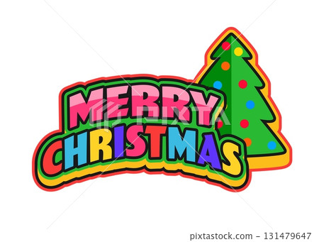 Christmas tree Y2K funky sticker or patch. Merry Xmas 60s vintage sticker, New Year groovy Y2K vector tag. Happy Christmas celebration patch or label with pine tree and colorful funky typography 131479647