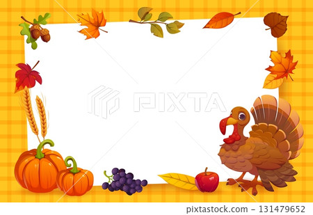Happy Thanksgiving Day banner with frame of turkey and autumn leaves, vector poster. Thanksgiving Day greeting card template with pumpkin, corn and apple or grapes harvest in maple and oak leaf frame 131479652