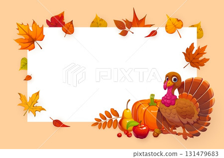 Thanksgiving day greeting card frame. Thanks Giving vector border with cartoon turkey, pumpkin, ripe fruits, berries and fallen autumn leaves. Template for postcard, banner, fall season holiday event 131479683