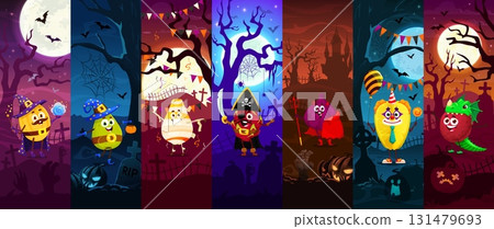 Cartoon fruit characters on Halloween collage. Cute vector fruits in funny costumes of witches, pirates, devils, mummies, clowns and dragons in spooky graveyard backgrounds celebrating party holiday Cartoon fruit characters on Halloween collage. Cute vector fruits in funny costumes of witches, pirates, devils, mummies, clowns and dragons in spooky graveyard backgrounds celebrating party holiday 131479693