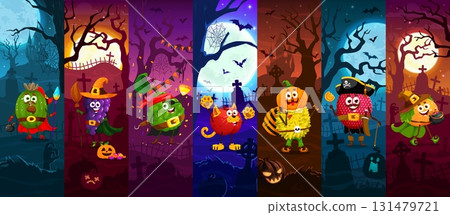 Cartoon Halloween fruit characters collage. Funny vector witches, pirates and monsters dressed in spooky costumes at graveyard backgrounds. Festive horror night scenes for seasonal party celebrations 131479721