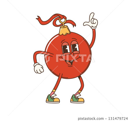 Retro groovy Christmas shiny red bauble character with expressive eyes, arms and legs in sneakers, striking a groovy dance pose with one hand pointing up and a cheerful smile. Cartoon vector Xmas ball Retro groovy Christmas shiny red bauble character with expressive eyes, arms and legs in sneakers, striking a groovy dance pose with one hand pointing up and a cheerful smile. Cartoon vector Xmas ball 131479724
