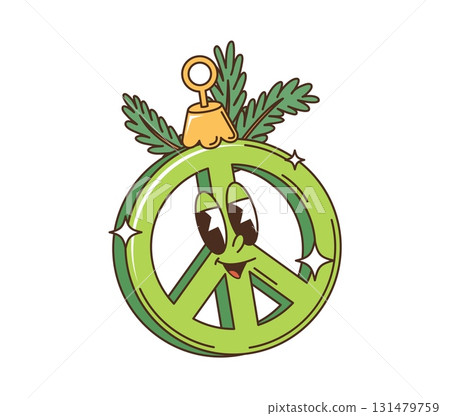Cartoon groovy Christmas green peace sign with a smiling face and expressive eyes, decorated with a golden hanging loop and pine tree sprigs. Vector cheerful and festive Xmas hippie symbol personage 131479759