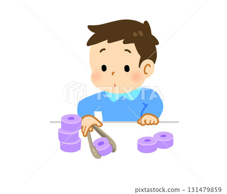 Illustration of a child holding something with tongs 131479859