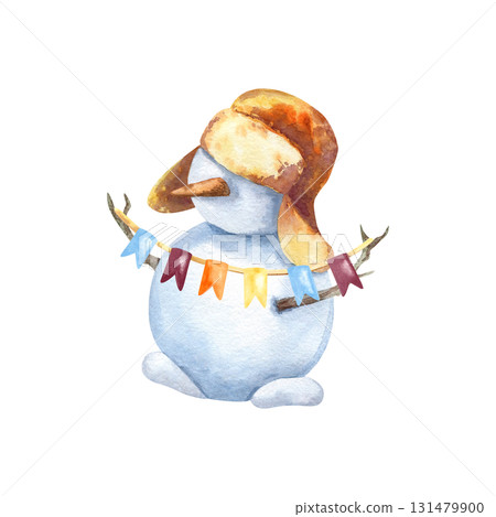 Snowman in hat with earflaps holds flag garland. Winter snow man character with carrot and sticks. Hand drawn clip art isolated from background. New Year, Christmas greeting card, holiday decoration Snowman in hat with earflaps holds flag garland. Winter snow man character with carrot and sticks. Hand drawn clip art isolated from background. New Year, Christmas greeting card, holiday decoration 131479900
